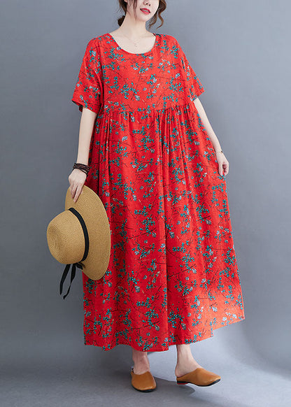 Loose Red O-neck Print Exra Large Hem Wrinkled Cotton Holiday Dress Short Sleeve