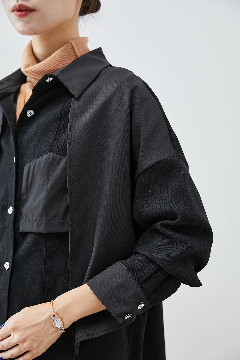 Black Asymmetrical Patchwork Back Open Cotton Jackets Fall