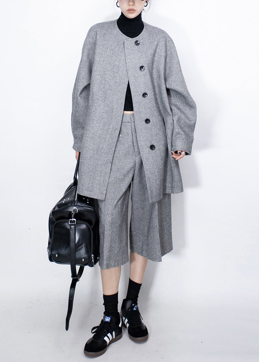 Fine Grey Button Coat and High?waist Crop Pants Woolen Two Pieces Set Fall