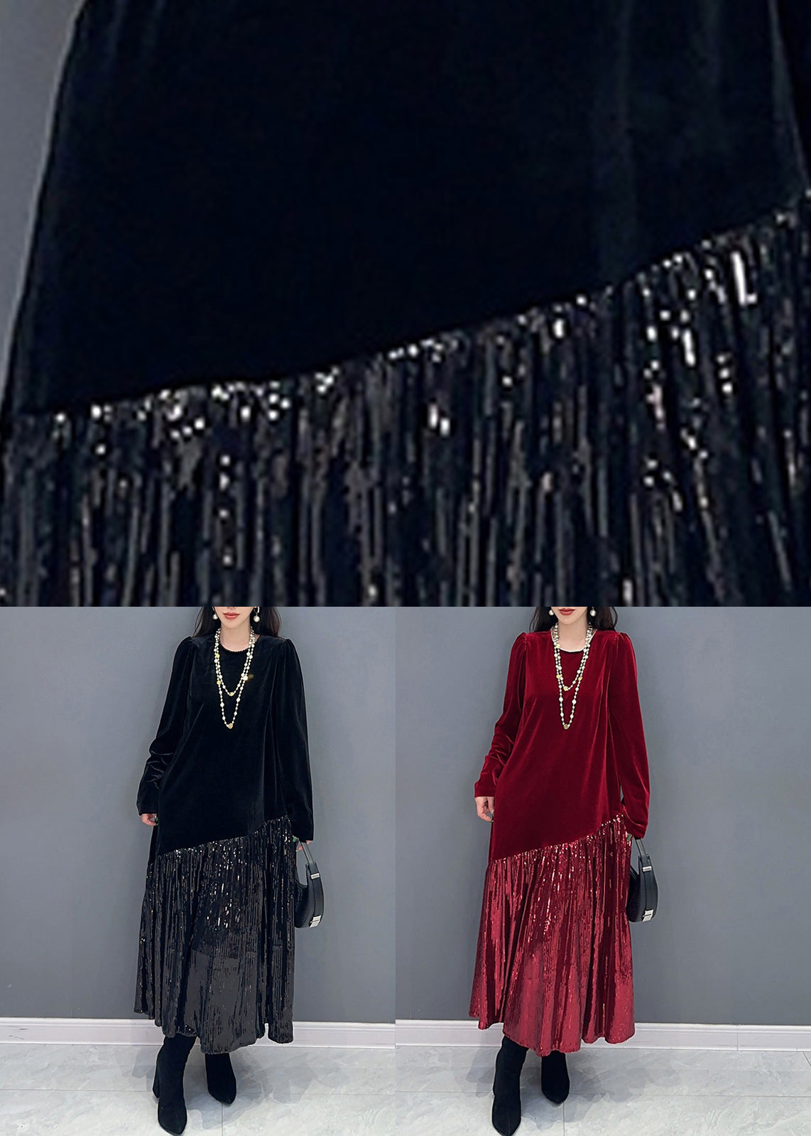 Black Wrinkled Patchwork Silk Velour Dresses O Neck Spring