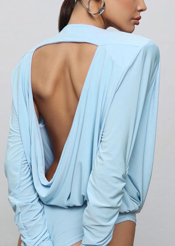 Blue O-neck Backless Bodysuit Fall