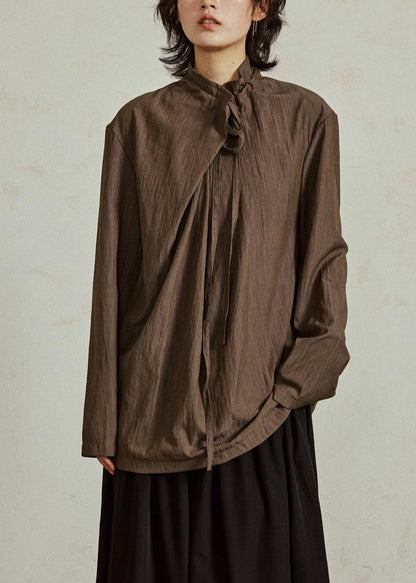 Coffee Stand Collar Lace Up Cotton Blouse Fall