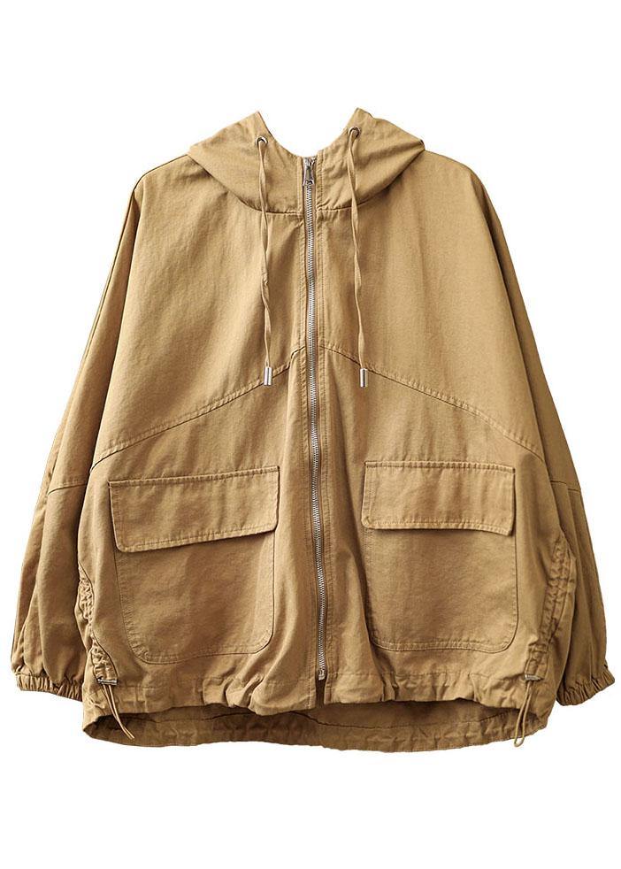 New Khaki Loose Hooded Pockets Fall Long Sleeve Coat