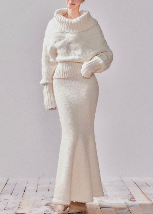 White Turtleneck Patchwork Cotton Knit Sweater and Maxi Dress Two-piece Set Fall