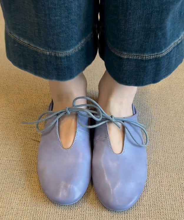 Blue Cowhide Leather Lace Up Splicing Flat Shoes