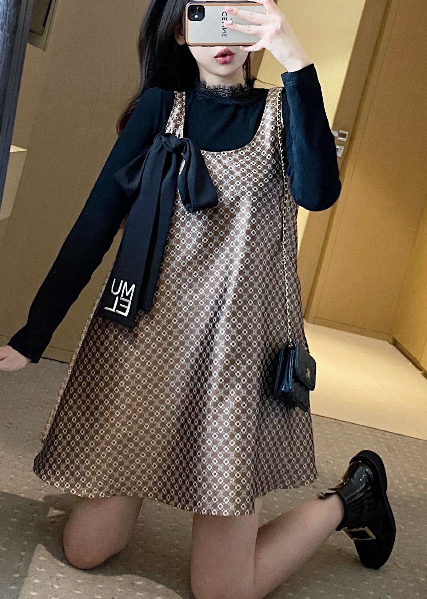Fitted Retro Bow Print Fall Two Pieces Set