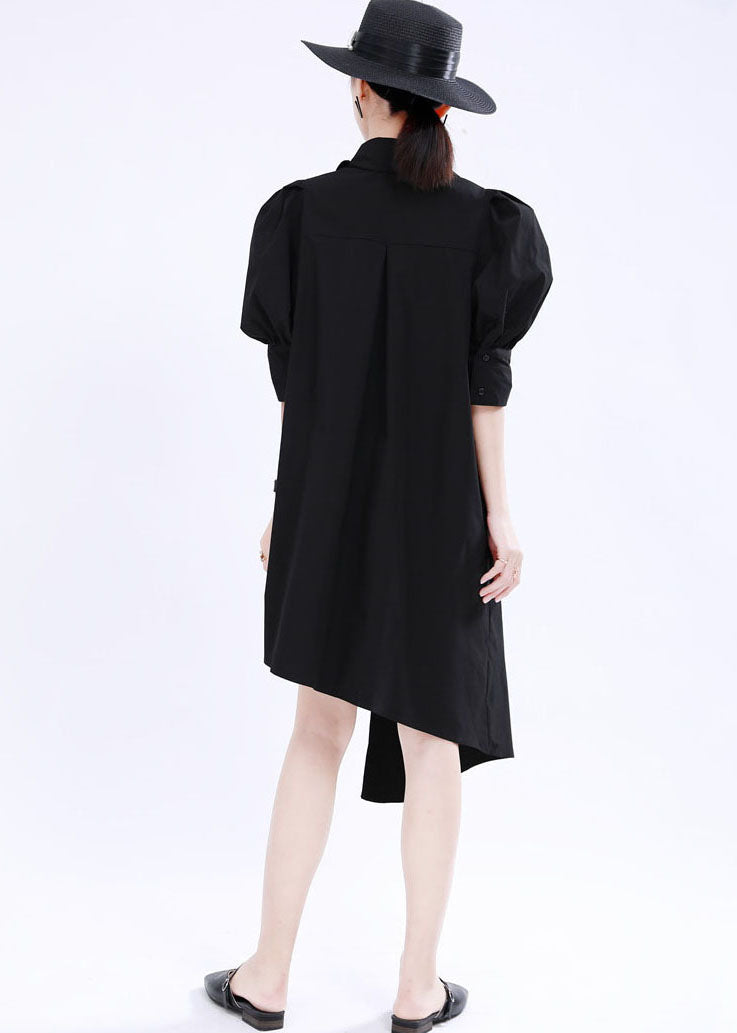 French Black Asymmetrical Design Color Cotton Shirt Dress Lantern Sleeve