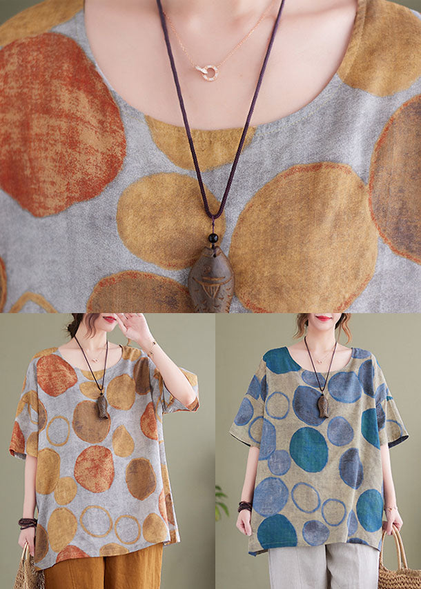 Blue O-neck Print Linen Tank Tops for Short Sleeve