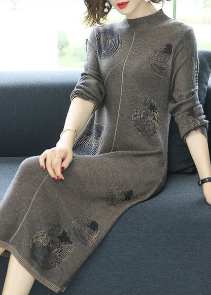 Grey Turtleneck Patchwork Cotton Knit Dress Fall