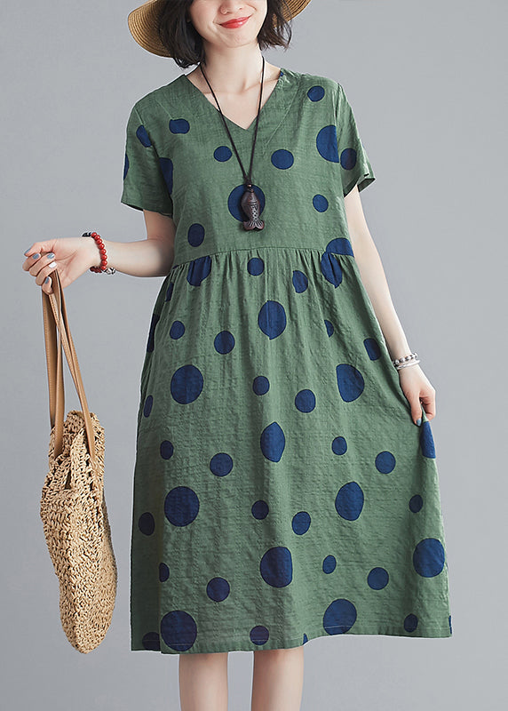 Yellow Wrinkled V Neck Pockets Dot Print Cotton Dresses Short Sleeve