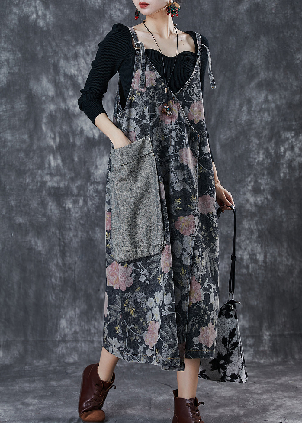 Black Print Patchwork Pocket Denim Cami Dress Spring