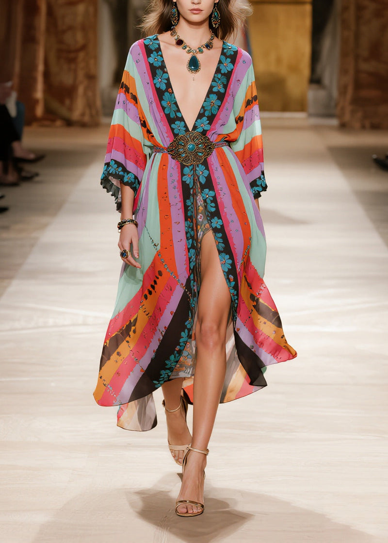 Colorblock Print Side Open Chiffon Party Dress Summer