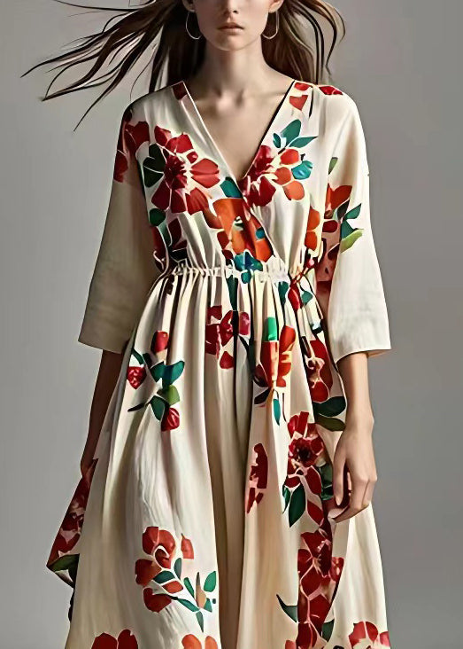 Beige V Neck Print Cotton Long Dresses Bracelet Sleeve