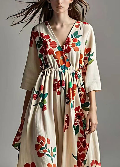 Beige V Neck Print Cotton Long Dresses Bracelet Sleeve