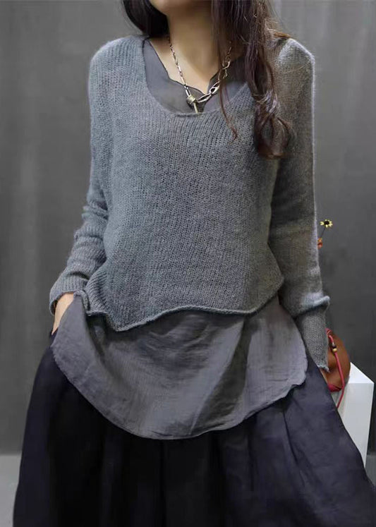 Simple Grey Asymmetrical Patchwork Cotton Knit Tops Long Sleeve Fall