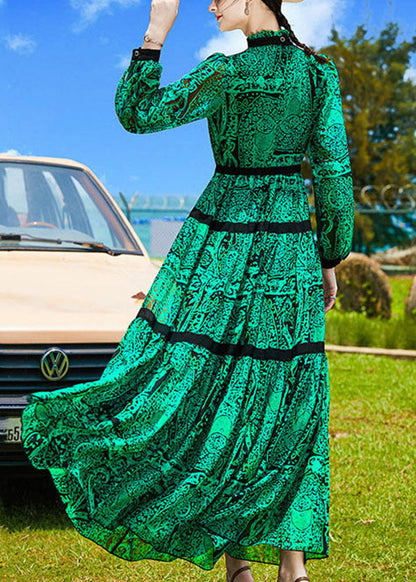 Green Stand Collar Patchwork Print Chiffon Cinch Dresses Spring