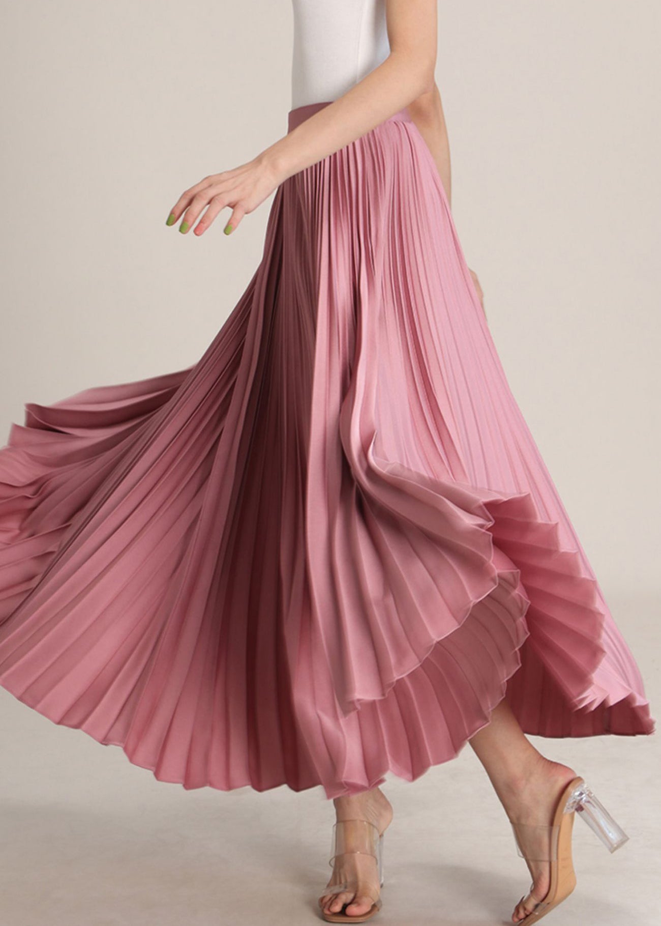 Pink High Waist Silk Pleated Skirt Zippered Summer
