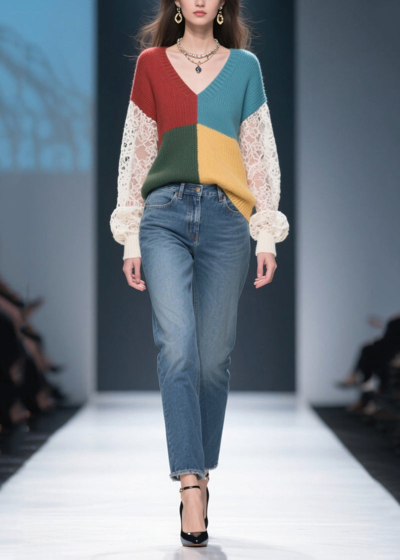 Mixed Color Hollow Out Patchwork Lace Sweater Tops Fall