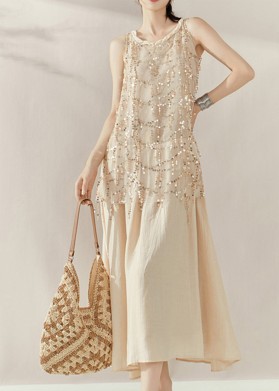 Vogue Apricot Long Dress Summer Sequins Patchwork