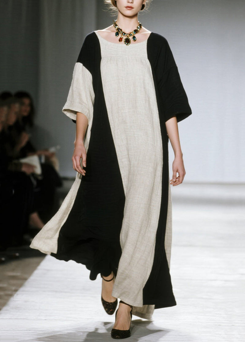 Unique Colorblock Oversized Patchwork Cotton Ankle Dress Half Sleeve
