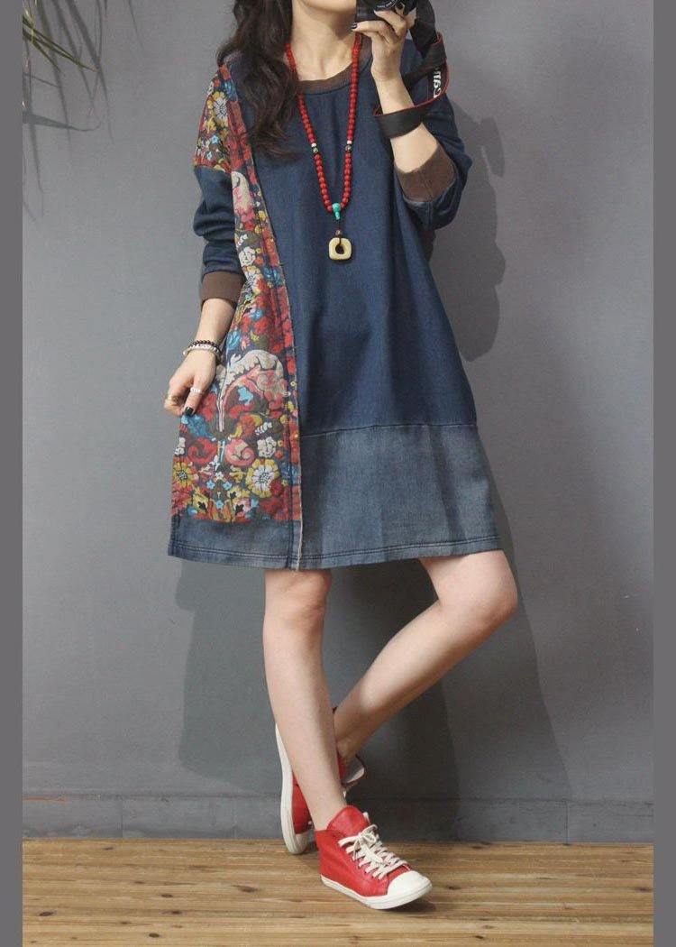 Denim Patchwork Cotton Dress Print Summer Long Dress