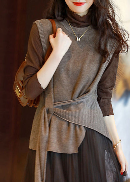 Chocolate O-neck Asymmetrical Design Thick Knit Vest Sleeveless