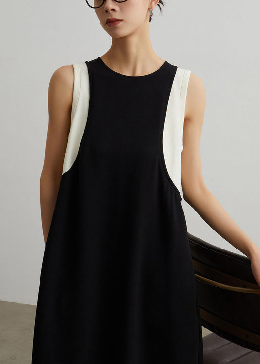 Black Pockets Patchwork False Two Pieces Cotton Long Dresses Sleeveless