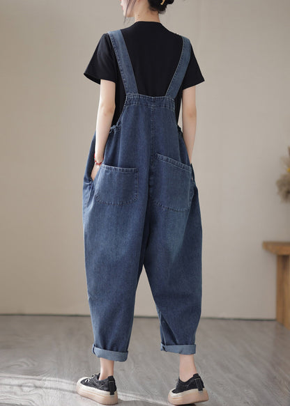 Blue Slash Neck Patchwork Button Denim Jumpsuit Summer