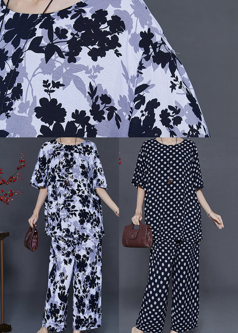 Art White O-neck Leaf Print Cotton Two Pieces Set Summer