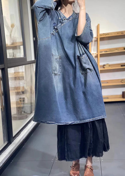 Blue Oversized Chinese Button Denim Long Dress Spring