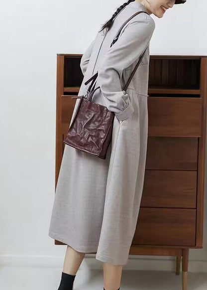 Grey Stand Collar Wrinkled Patchwork Cotton Dresses Fall