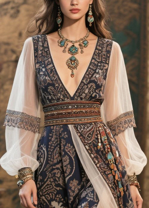 Black Deep-v Neck Print Chiffon Maxi Dresses Summer