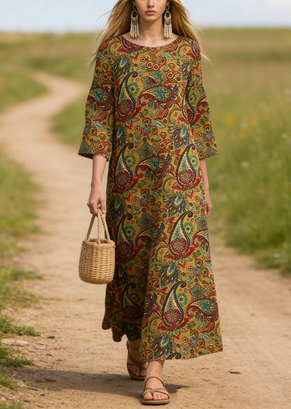 O Neck Print Cotton Long Dresses Summer