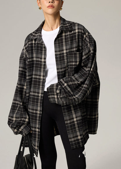 Coffee Plaid Peter Pan Collar Plaid Button Shirts Fall