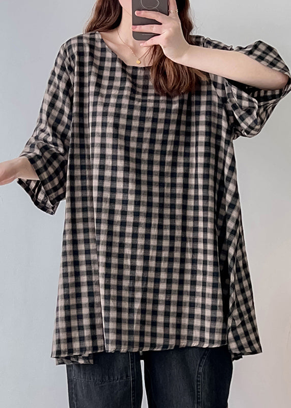 Black White Plaid Oversized Linen Long Tops Half Sleeve