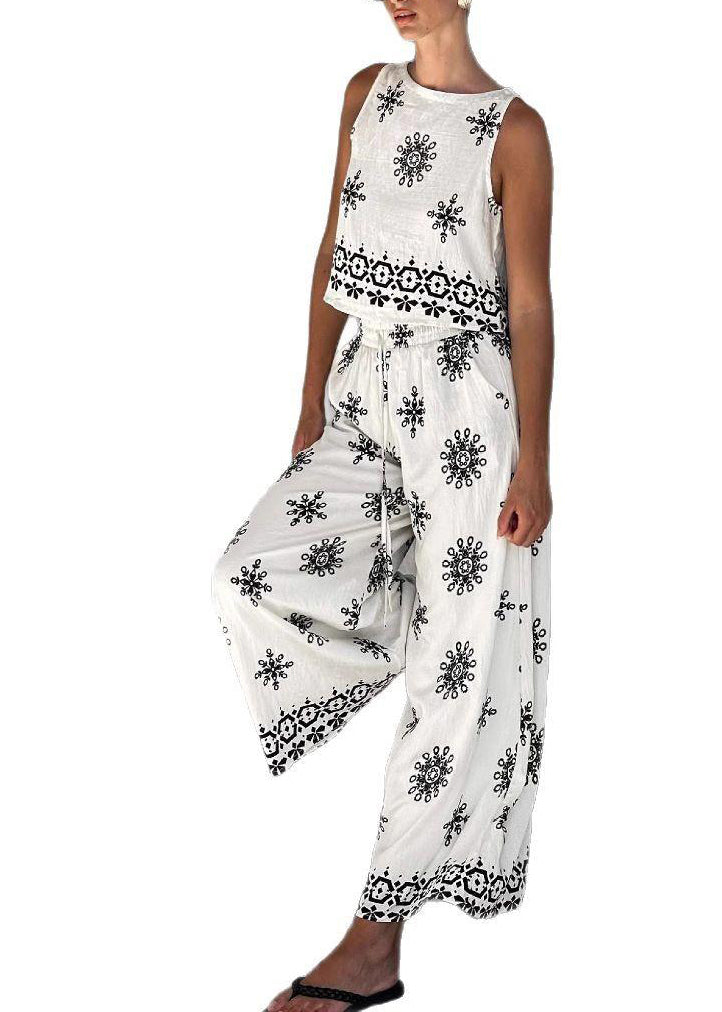 Handmade White Patchwork Vest and Wide Leg Pants Two Pieces Set Sleeveless