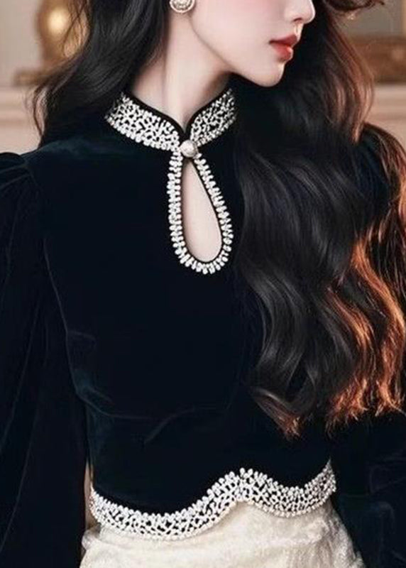 Black O-neck Patchwork Silk Velour Top Lantern Sleeve