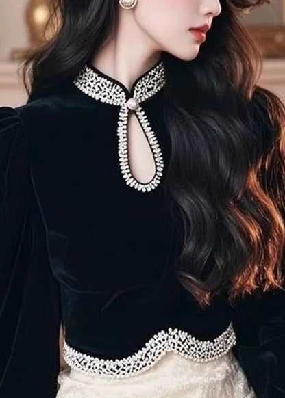 Black O-neck Patchwork Silk Velour Top Lantern Sleeve