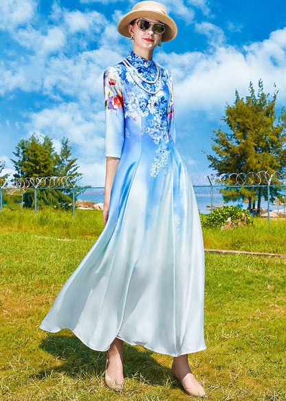 Sky Blue Stand Collar Print Exra Large Hem Silk Dress Cheongsam Bracelet Sleeve