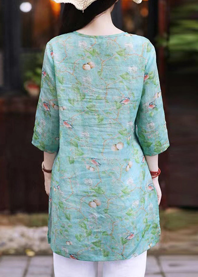 Green O Neck Print Linen Shirt Top Bracelet Sleeve