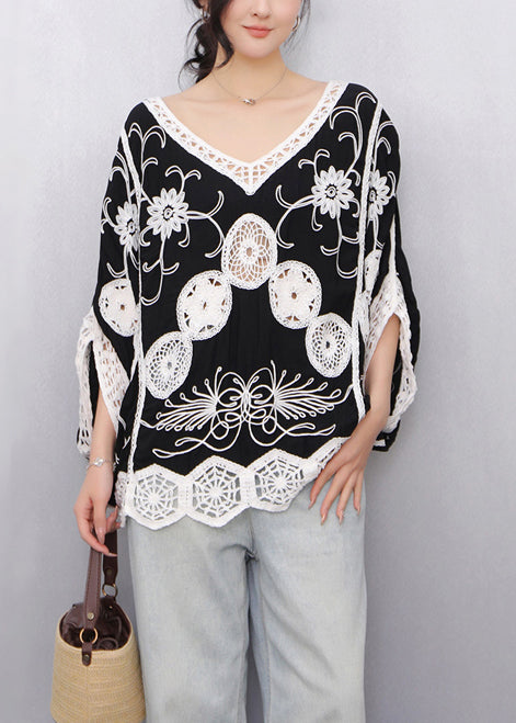 Black Print Hollow Out Tanks Batwing Sleeve