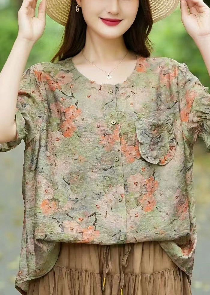 Loose Light Green Print Button Patchwork Linen Shirts Summer