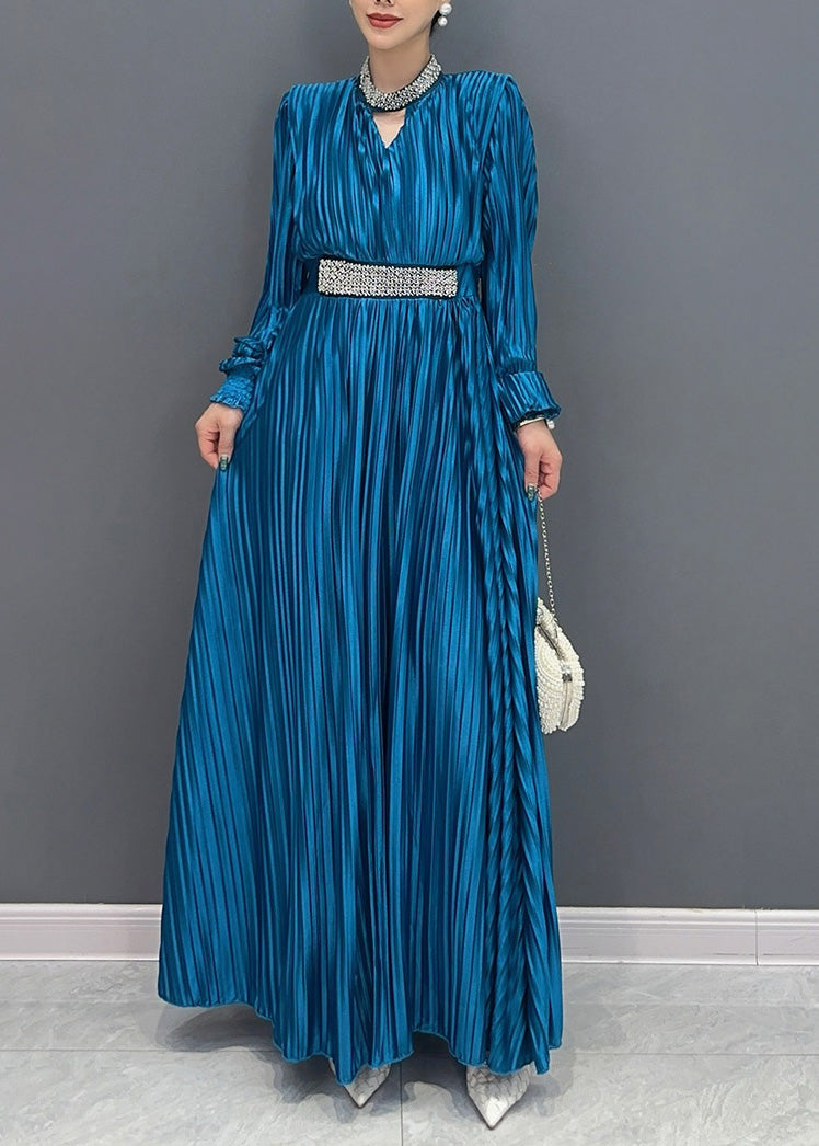 Blue V Neck Wrinkled Maxi Dress Long Sleeve