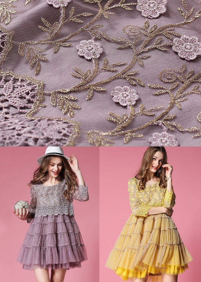 Natural Yellow O Neck Patchwork Wrinkled Tulle Mid Dress Spring