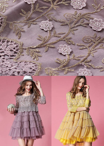 Natural Yellow O Neck Patchwork Wrinkled Tulle Mid Dress Spring