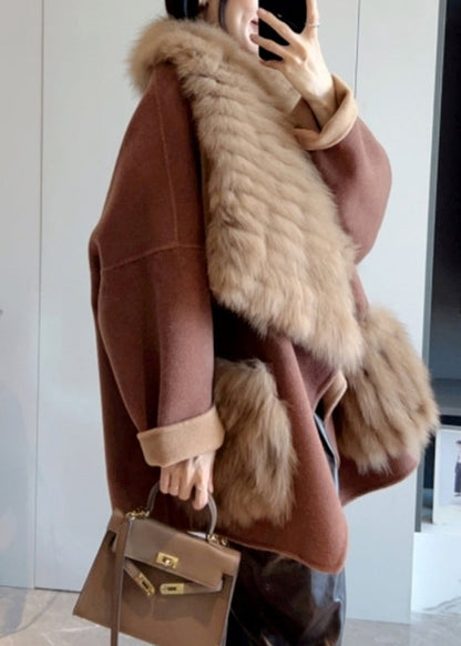 Camel Fur Collar Patchwork Long Woolen Coats Winter