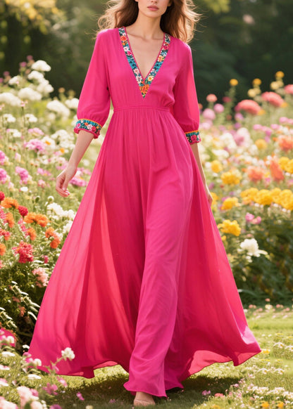 Rose V Neck Patchwork Exra Large Hem Cotton Long Dress Summer