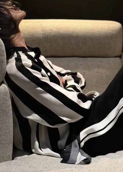 Striped Asymmetrical Button Patchwork Cotton Blouses Fall
