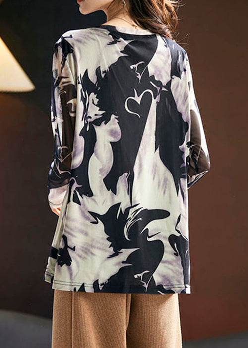 Beige O Neck Print Tulle Top Spring