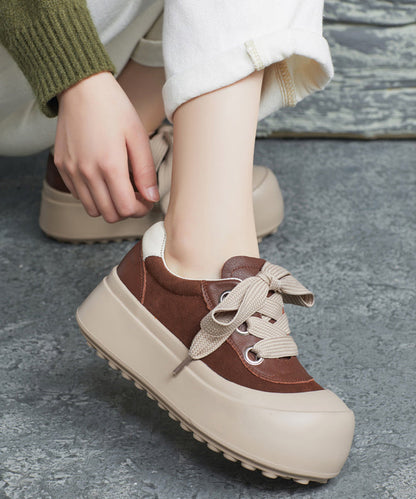 Splicing Platform Flat Shoes Brown Cowhide Leather Lace Up